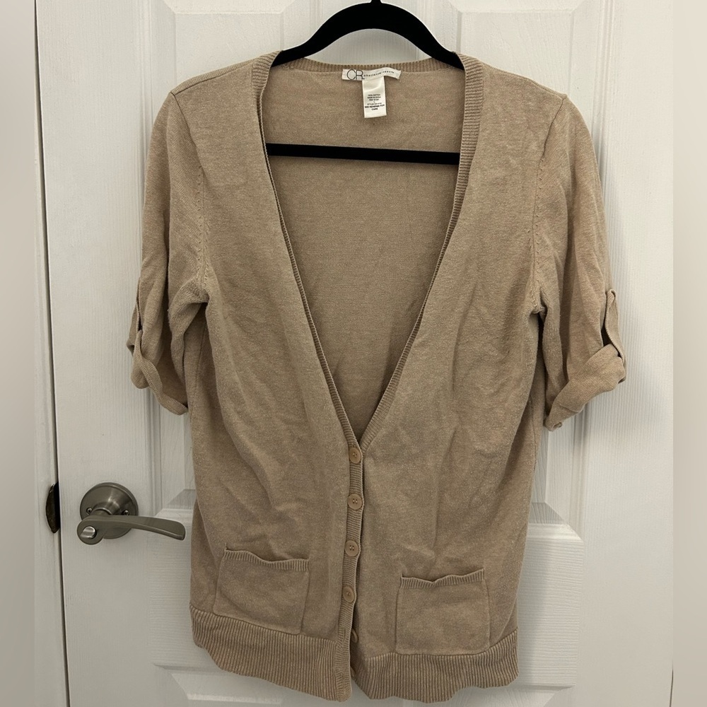 Women's Tan Cardigan, Short Sleeve Sweater, Sz L - Picture 4 of 9